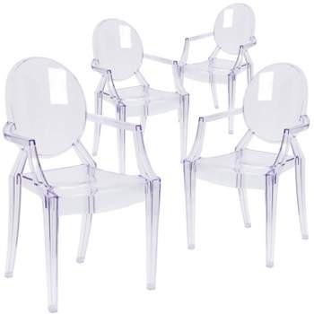 Emma and Oliver 4 Pack Oval Back Ghost Chair - Arms in Transparent Crystal - Stackable Side Chair