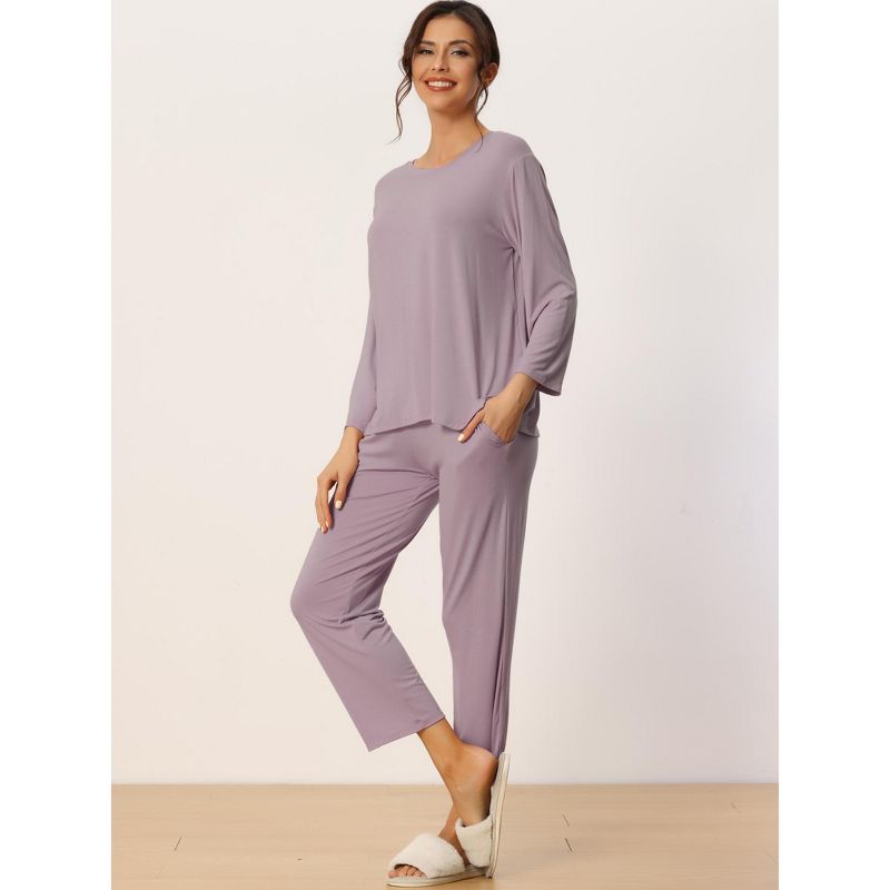 cheibear Women's Long Sleeve Pajama Set Sleepwear Soft Modal Round Neck Shirt and Long Pants Nightwear, 2 of 6