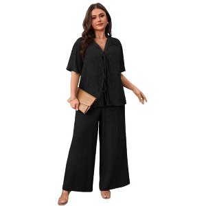 Coolmee Womens Plus Size Two Piece Outfits Casual Tracksuit Short Sleeve Tie Front Top Loose Baggy Wide Leg Long Pants Sets - 1 of 4
