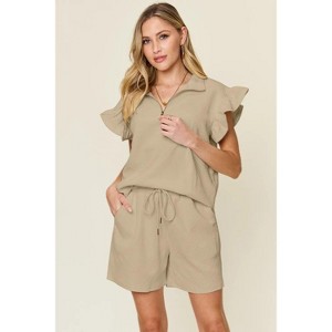 I am a Fashion junky Double Take Full Size Texture Flounce Sleeve Top and Drawstring Shorts Set - 1 of 4