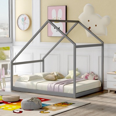 Full/Twin Size Wooden House Bed (with a Twin Size Trundle Bed), White/Gray/Natural, 4A -ModernLuxe