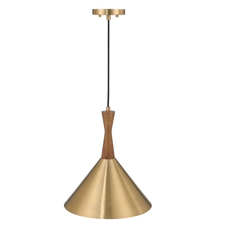 Robert Stevenson Lighting Axel Mid-Century Modern Metal and Natural Stained Wood Ceiling Light Brushed Gold, 5 of 12