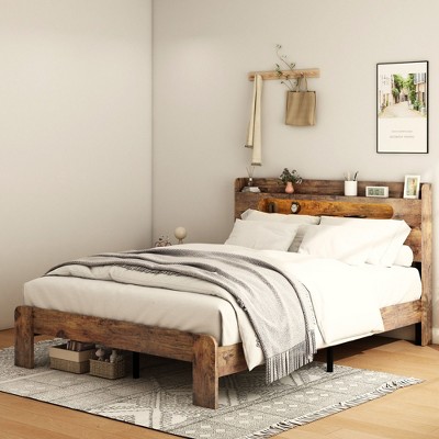 NicBex Full/Queen/King Vintage Bed Frame with 2-Tier Storage & LED Headboard,Modern Platform Bed for Bedroom,No Box Spring Needed
