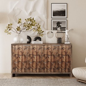 NicBex 59.84" Farmhouse 4-Door Sideboard,Kitchen Storage Cabinets with Hexagonal Pattern and Metal Handle for Kitchen and Dining Room,Brown - 1 of 4