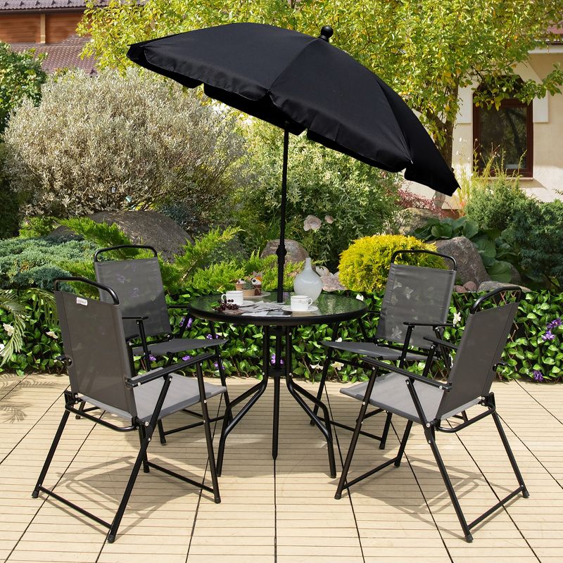 Tangkula 6PCS Patio Garden Dining Set w/ Round Table & 4 Folding Chairs & Tiltable Umbrella, 3 of 9