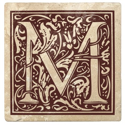 Christmas by Krebs Set of 4 Ivory and Brown "M" Square Monogram Coasters 4"