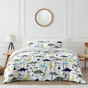 Sweet Jojo Designs Queen Duvet Cover and Shams Set Mod Dinosaur Blue and Green 3pc - 1 of 4