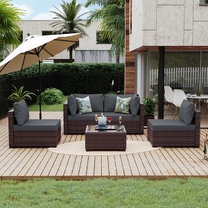 UPHA 5-Piece Rattan Patio Sofa Conversation Set with Cushions - 1 of 4