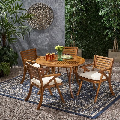 Hermosa 5pc Acacia Wood Circular Dining Set - Teak/Cream - Christopher Knight Home