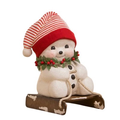 Bethany Lowe 11.75 In Down The Slopes Snowman Lg Sled Christmas Holly Snowman Figurines