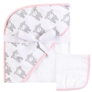 Hudson Baby Infant Girl Cotton Hooded Towel and Washcloth 2pc Set, Little Lamb, One Size - 1 of 1
