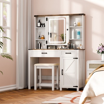 GlasFlength Vanity Tables Modern Makeup Table with Sleek Storage for Bedroom or Dressing Area, White,39.4”*15.7”*56.7"