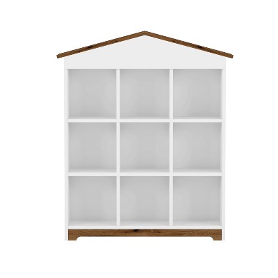 Vynxaria House-Shaped Storage Rack: 3-Layer Bookshelf with Nine Compartments in Colorblock Design for Kids' Rooms,White+Brown
