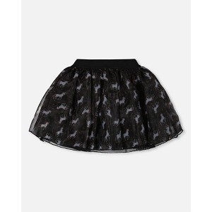 Deux par Deux Girl Organza and Mesh Skirt Black with Unicorn Print - 1 of 4