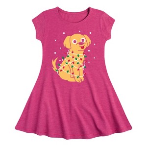Girls' - Instant Message - Dog Wrapped In Christmas Lights Fit & Flair Cap Sleeve Graphic Dress - 1 of 4