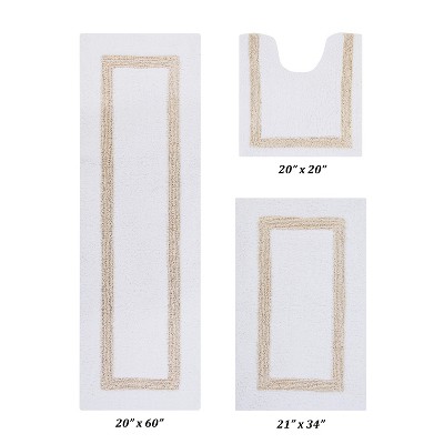 Hotel 3 PC Bath Rug 100% Premium Cotton Tufted Weave Two Tone Reversible Bathroom Rug, Super Soft Absorbent, Machine Washable Bath Mat
