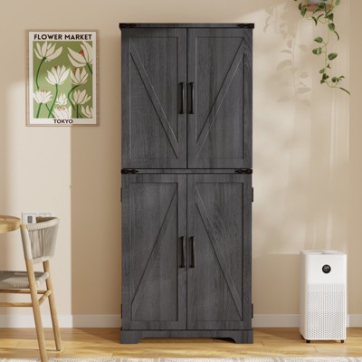 SinCiDo Farmhouse Kitchen Pantry with Barn Doors and Adjustable Shelves, Storage Cabinet, Rustic Wood Cupboard for Kitchen