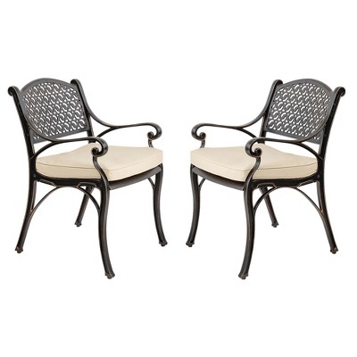 Bronze Cast Aluminum Outdoor Dining Chairs with Beige Cushions