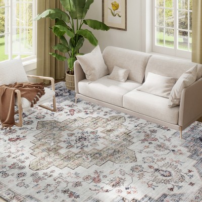 HOMCOM 8x10 Area Rug, Vintage Machine Washable Rug, Non-Slip Floor Carpet for Living Room, Bedroom, Dining Room, Home Office, Brown and Green