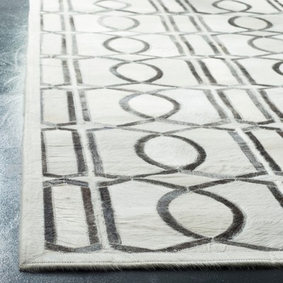 Ivory and Gray Hand-Knotted Geometric Cowhide Rug