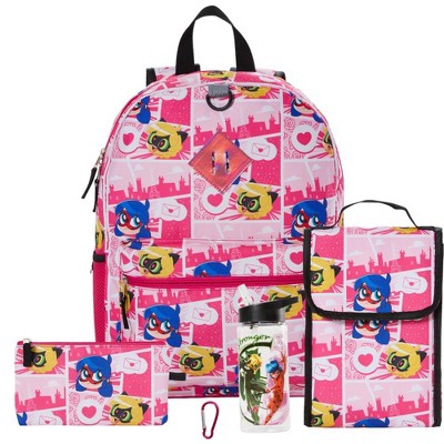 Ladybug Cat Noir Backpack Set with Lunch Bag for Girls, 16 inch, 5 Piece Value Set, Pink