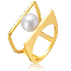 Guili 14K Gold Plated White Freshwater Pearl Double Band Stacked Geometric Square Ring, blending modern elegance with timeless beauty, Size 6 and 8 - 1 of 2