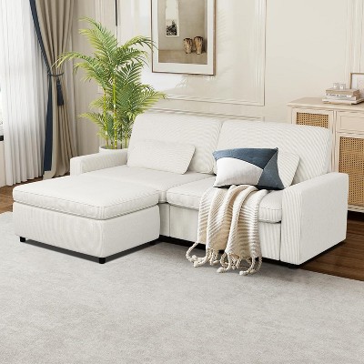Vipbear Sectional Couch With Armrests, Modular Deep Seat Sofa With Ottoman, 89" Modern Corduroy Couches For Living Room, Apartment, Office, Gray/Beige