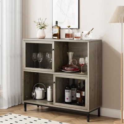 Coffee Bar Cabinet with Storage, Rattan Sliding Door Sideboard Buffet Cabinet