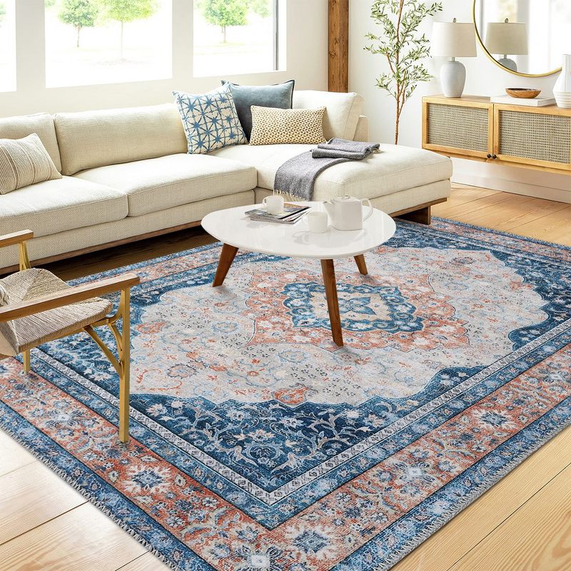 Vintage Distressed Area Rug for Living Room Traditional Medallion Stain Resistant Accent Rug, 1 of 9