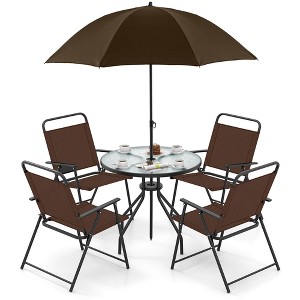 Costway Patiojoy 6 PCS Patio Dining Set Folding Chairs Glass Table Tilt Umbrella Garden Brown - 1 of 4