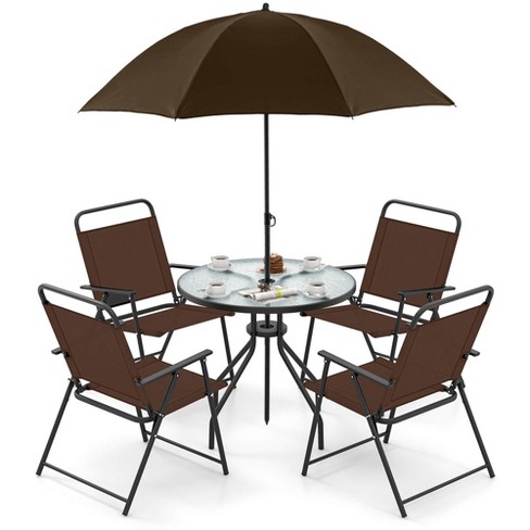 Costway Patiojoy 6 PCS Patio Dining Set Folding Chairs Glass Table Tilt Umbrella Garden Brown - image 1 of 4