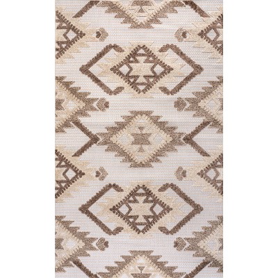 Ivory and Brown Geometric Synthetic 4' x 6' Indoor/Outdoor Rug