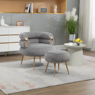 CAVINAS Velvet Barrel Accent Chair with Ottoman, Upholstered Lounge Armchair and Footrest Set with Padded Armrests