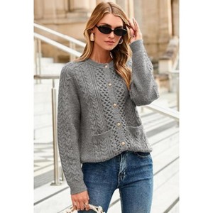 Plus Size Women Cardigan Sweater Winter Crewneck Vintage Thick Twisted Knit Sweater Coat - 1 of 1