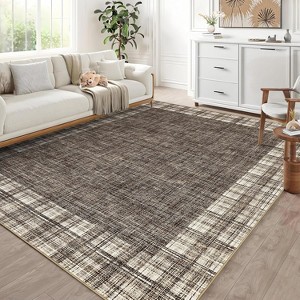 Washable Runner Rug Plaid Border, Non-Slip Low Pile Neutral Carpet, Stain Resistant Soft Rug for Hallway Entryway Kitchen - 1 of 4