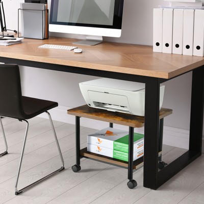 Brown 2-Tier Rolling Under Desk Printer Stand with Storage Shelves