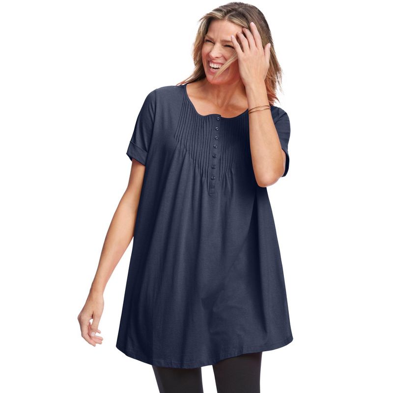 Woman Within Women's Plus Size Short-Sleeve Pintucked Henley Tunic, 1 of 3