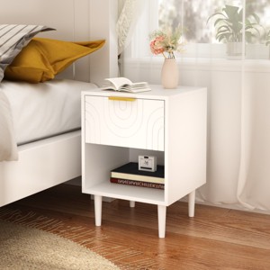 Modern Nightstand with Drawer and Open Shelf,White Bedside Table or End Table for Bedroom Living Room,Small Space Furniture-LAOTIES - 1 of 4