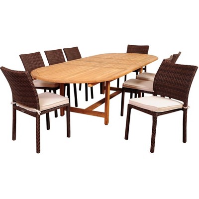 Noah 9pc Teak Wood Wicker Double-Extendable Oval Patio Dining Set - International Home Miami