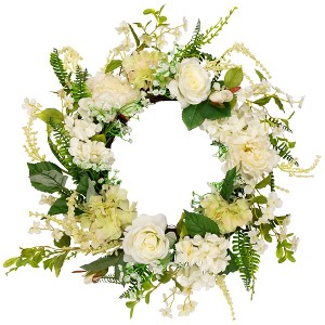 Northlight Peony and Rose Artificial Spring Wreath - White and Green - 24" - 1 of 4