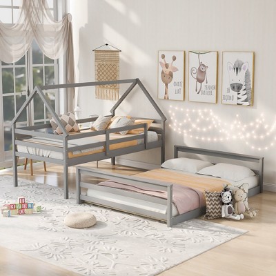 Twin Over Full House Bed Metal Platform Bed Frame Height Adjustable Bed With Full-length Guardrail