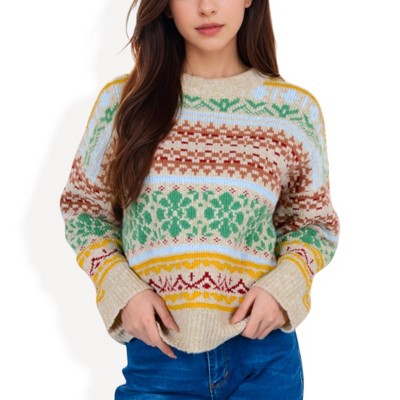 Anna-Kaci Women's Multi-Color Fair Isle Knit Sweater with Crew Neck and Long Sleeves - Small, Light Beige