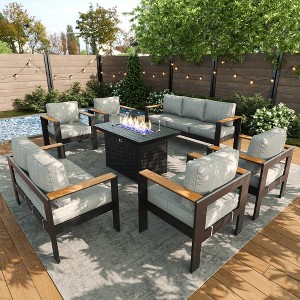 LayinSun 7 Pieces Aluminum Outdoor Patio Furniture Set with Fire Pit Table, Outside Metal Patio Conversation Sets with Deep Seating and Thick Cushions - 1 of 4