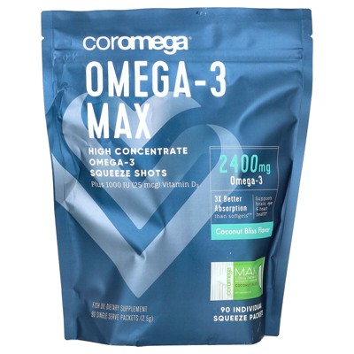 Coromega Omega-3 Max Plus Vitamin D3, High Concentrate, Coconut Bliss, 90 Single Serve Packets, (2.5 g) Each