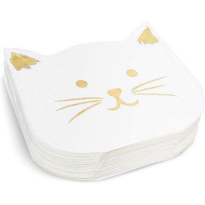 Blue Panda 50-Pack Cat Party Napkins, White Kitten Disposable Paper Napkins for Themed Birthday Supplies, 6.5"