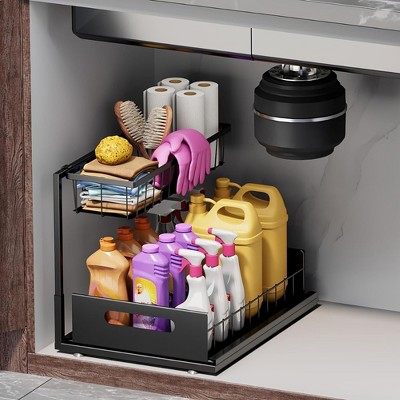 CLEAN EXPERT 2 Tier Under Sink Organizer, Slide Out Kitchen Cabinet Organizer, Metal Pull Out Sink Shelf with Sliding Drawer for Kitchen Bathroom
