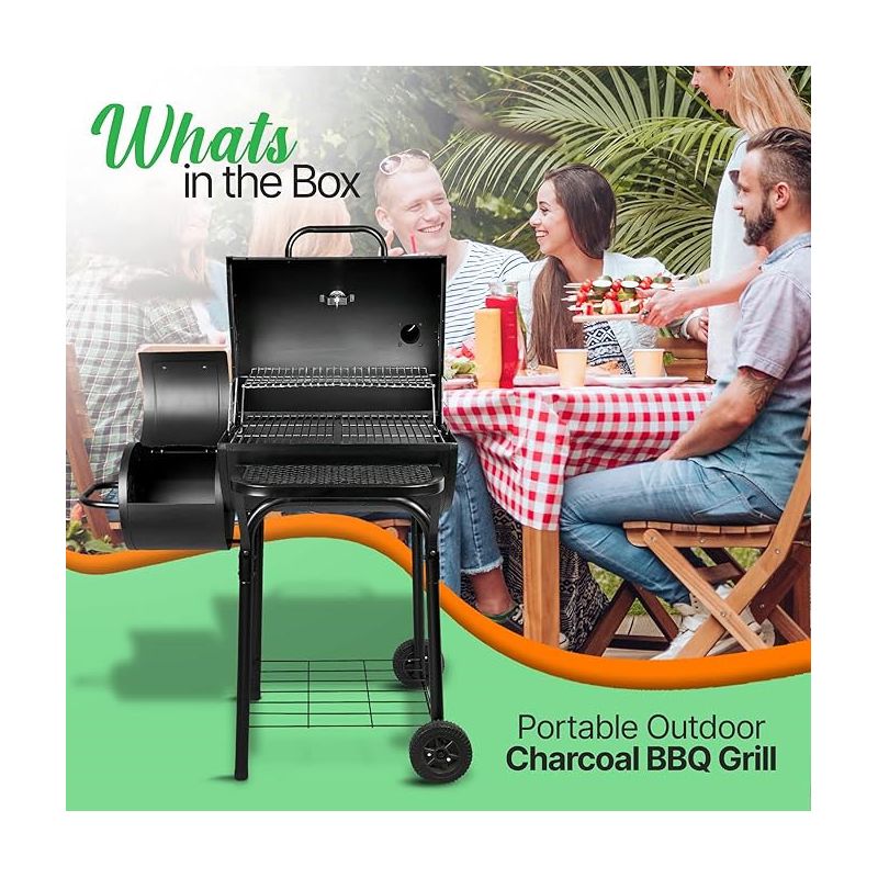 NutriChefKitchen Charcoal Grill Offset Smoker with Cover, Portable Stainless Steel Grill, Outdoor Camping BBQ, and Barrel Smoker (Black), 2 of 8