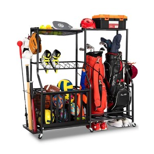 MOEPISY Garage Sports Equipment Organizer with Wheels - Golf Bag Storage Rack and Ball Storage Bins - 1 of 4