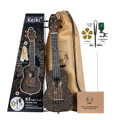 Ortega Guitars Keiki K2 Series Super Scale Concert-Soprano Ukulele Pack - Includes: Tuner, Picks, Strap & Tote Bag