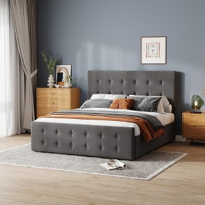Linen Upholstered Platform Bed Frame with 4 Storage Drawers & Button Tufted Headboard – No Box Spring Needed, Diamond Stitched Design - 1 of 4